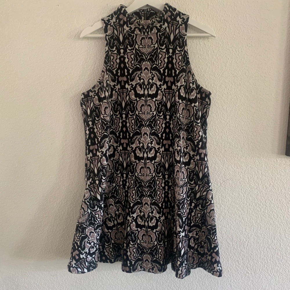 Free People Sleeveless Mock Neck Damask Mini Dress Black Gray Pink Size M